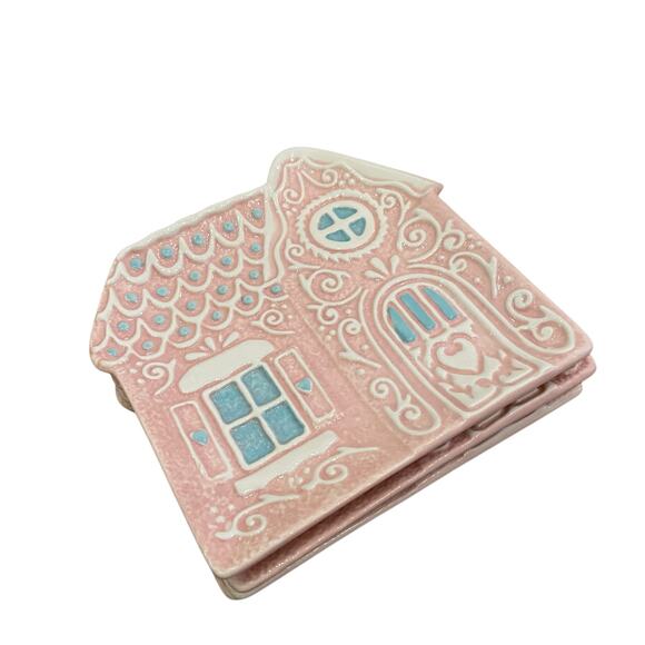 Godinger Pastel Pink Gingerbread House 6in Ceramic Appetizer Plates New - Picture 7 of 16